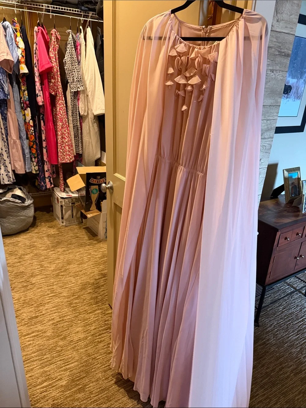 Sachin + Babi Blush Pink Chiffon Ruffled Cape Gown